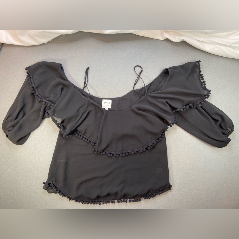 Misa Los Angeles Black Top W/ Ruffle and Pom Poms size Medium‎